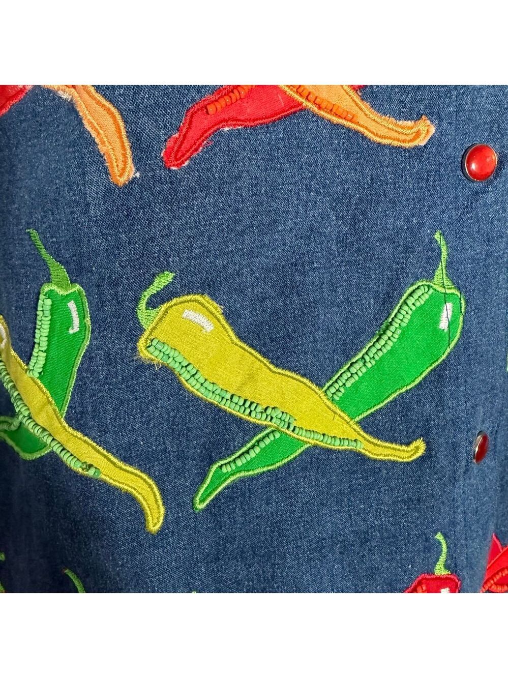 Michael Simon Top Vintage Beaded Chili Peppers Denim Whimsy Shirt Wearable Art - Picture 5 of 14